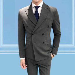 Double Breasted Suit Men Top Grade Designer Comforts Costume Homme Solid Color Slim Fit Formal Men Wedding Dress Men All Set X0909