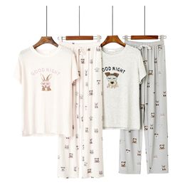 Short Pyjama Femme Summer Cotton Modal Short-sleeved Sleep Tops with Cartoon Design Printing Home Shorts Pyjama Woman 210830