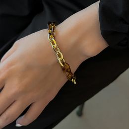 Korea Transparent Leopard Bangle Metal Resin Geometric Bracelets for Women Chunky Cuban Thick Chain Amber Colour Bracelet
