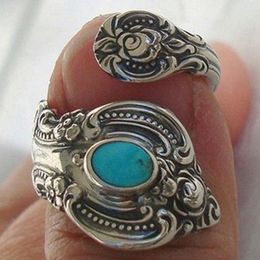 Cluster Rings Personalised Vintage Antique Silver Turquoises Ring Natural Blue Stone Flower Pattern Finger For Women Men Boho Jewellery