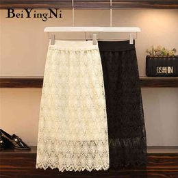 Women Vintage Skirt Plus Size Lace High Elastic Waist Spring Summer Midi s Lady Solid Black Hollow Out 4XL 210506