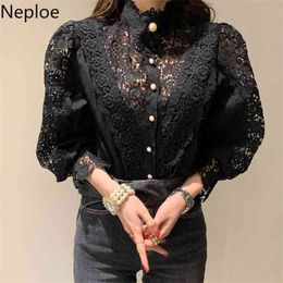 Korean Chic Stand Collar Lace Patch Blouse Women Sexy Hollow Out Puff Long Sleeve Blusas Hook Flower Party Shirt 49495 210422