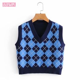 Vintage Slim Fit Sleeveless V-neck Women's Vest Fashion Loose Diamond Lattice Knitted Sweater Vest External Wear Chic Female Top 210507