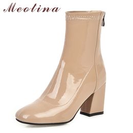Meotina Short Boots Women Shoes Zipper High Heel Ankle Boots Round Toe Thick Heels Female Boots Winter Black Beige Big Size 210520