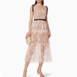 Self Portrait Arrival Summer Sleeveless Lace Long Dress Women Bow Spaghetti Strap Backless Hollow Out Runway 210603