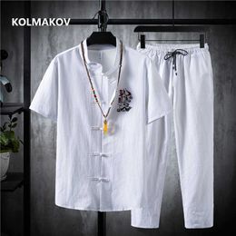 (Shirt + trousers) summer men Cotton and linen shirts Short sleeve men's casual shirts men A set of clothes size M-5XL TZ029 X0610