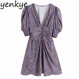 Vintage Floral Print Dress Women V Neck Puff Sleeve Holiday Sundress Elastic Waist A-line Mini Summer Short vestido 210514