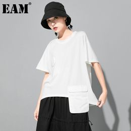 [EAM] Women White Irregular Pocket Casual Big Size T-shirt Round Neck Half Sleeve Fashion Spring Summer 1DD7735 210512
