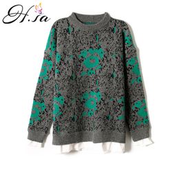 H.SA Women Pullovers Winter Jumpers Knitwear Fake 2 Pieces Sweater Top Floral Vintage Pullover Sueter Mujer Jumper 210417