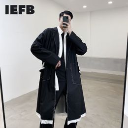 IEFB Design Men's Clothes Cut Edge Fashionable Bandage Black Windbreaker Casual Long Trench Coat With Belt Black Loose 9Y3652 210524