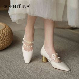 SOPHITINA Women's High Heels Elegant Beaded Shallow Square Toe Handmade Shoes Genuine Leather Mature Female Shoes Pumps AO106 210513