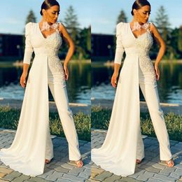 Ivory Prom Dresses Jumpsuits 3D Lace One Shoulder Long Sleeve White Evening Gowns Slim Women Special Occasion Dresses