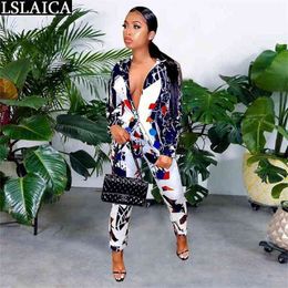 Matching Sets for Women Fashion Single Button Printing Two Piece Set Top and Pants Elastic Waist Office Lady Outfits 210515