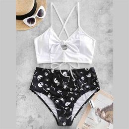 Casual Skull Printed Two Piece Bikini Set Halter Lace Up Swimsuit Cross Mujer Women Cut Out Push 210629