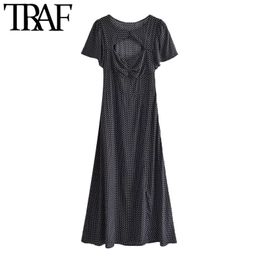 TRAF Women Chic Fashion Polka Dot Hollow Out Midi Dress Vintage Short Sleeve Side Zipper Female Dresses Vestidos Mujer 210415