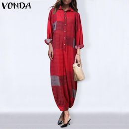 Women Office Overalls Casual Long Sleeve Turn Down Collar Patchwork Rompers Loose Cotton Jumpsuits VONDA Pantalones Women's &