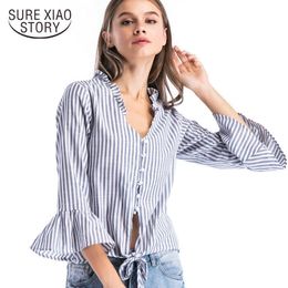 Blusas mujer de moda Flare long sleeve V collar striped blouse women shirts women's tops and blouses women blouses 3331 50 210527