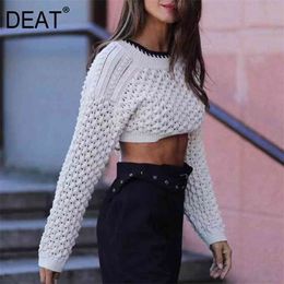 [DEAT] White Fashion Spring Autumn Round Neck Hollow Out Backless Drawstring Knitting Loose Sweater Women 13C215 210922