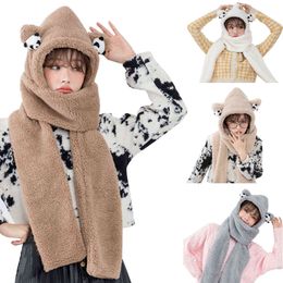 Women Winter One-Piece Hat Scarf 2022 Cute Bear Ears Hooded Earflap Cap Thicken Plush Solid Colour Neck Warmer Party Photo Props Y21111