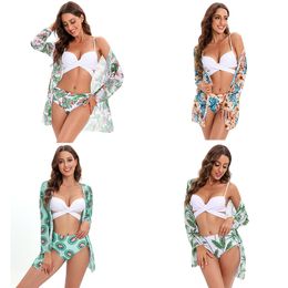 ZL0494 Sexy Set Women High Waist Mesh Shawl Three Piece Bikini Split Swimsuit Lady Swimwear Female Biquini Girl Summer Beach Fashion Swimming Suit