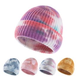 Stingy Brim INS Winter Tie Dye knitted hats Adults Trendy Warm Chunky Soft Stretch Cable Cap Knit Beanie