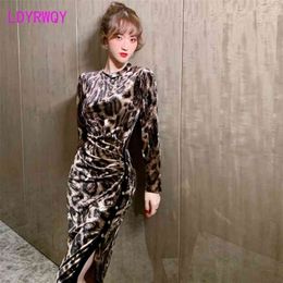 The leopard print velvet fishtail dress featured sexy bun and a bottom Office Lady Sheath 210416