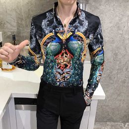 Luxury Peacock Crown Print Shirts for Men Long Sleeve Slim Fit Casual Shirt Nightclub Party Streetwear Camisas Para Hombre 210527