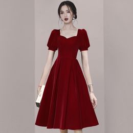 Spring Autumn Elegant Red Velvet Dresses Women's Square collar Short Sleeve Vintage High Waist chic Midi Dress Vestidos 210514