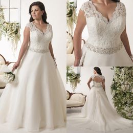 New Cap Sleeve Plus Size Wedding Dress Robe De Mariee V-neck Sleeveless Bridal Gown Beading Sashes Organza Open Back