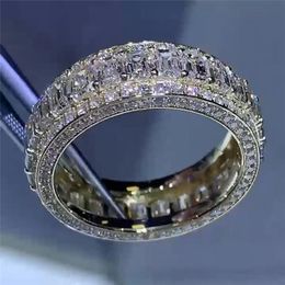 Luxury Jewellery 925 Sterling Silver Fill Full T Princess Cut White Topaz CZ Diamond Gemstones Party Moissanite Women Wedding Band Ring For Love Gift