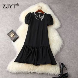 Elegant Puff Short Sleeve Diamonds O Neck Summer Loose Dress Women Designers Knee Length Simple Robe Femme Black Vestidos 210601