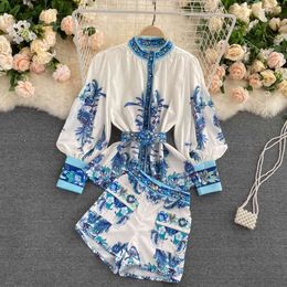 SINGREINY Women Spring Retro Fashion Print Suits Single Breasted Puff Sleeve Tops+High Waist Wide Leg Short Pants Two Piece Set 210419