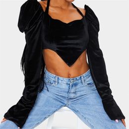 Fashion Velvet Puff Sleeve Sexy Halter Crop Top Square Collar Long Backless Lace Up Short Irregular Personalised T-shirt 210517