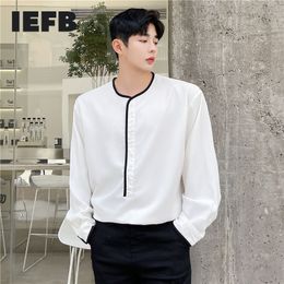 IEFB Summer Korean Personality Color Contrast Design Pullover Long Sleeve Collarless Shirt Black White Tops 9Y7403 210524
