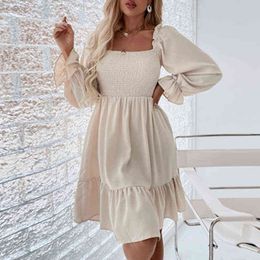 Women Backless Butterfly Sleeve Office Dress New Spring Square Collar Drape Party Dress Autumn Elastic Waist Ruffle Casual Dress Y1204