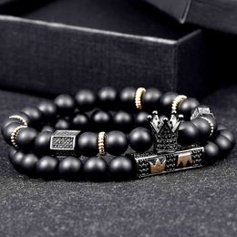 Luxury Royal Crown Charm 2pcs 1set 8mm Round Natural Black Women Bead s Gold Beads Bracelet