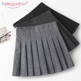 Aelegantmis Autumn Winter Sweet Pleated Skirt Women High Waist Mini A-line Sailor Harajuku School Girls Uniforms 210607