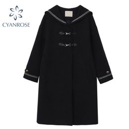 Dark Vintage Winter Woolen Coat Women Sailor Collar Two Chic Button Korean Preppy Style Jacket Trench Female Loose Overcoat Lady 210417