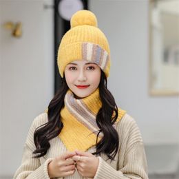 Brand Winter Knitted Hat For Women Fashion Velvet Thick Warm Skullies Beanie Hats Female Outdoor Riding Scarf Sets Wool Caps 211119