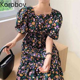 Korobov Korean Chic Puff Sleeve Square Collar Women Dress Vintage Summer A-Line Print Vestidos High Waist Sweet Robe Femme 210430