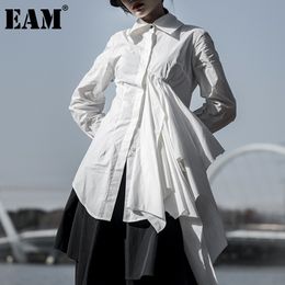[EAM] Women White Asymmetrical Ruffles Casual Blouse Lapel Long Sleeve Loose Fit Shirt Fashion Spring Autumn 1DD6192 21512