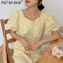 MATAKAWA Korean Square Neck Vestido De Mujer Single-breasted Robes Femme Wrinkle Puff Sleeve Dresses Mid-length Dress Women 210513