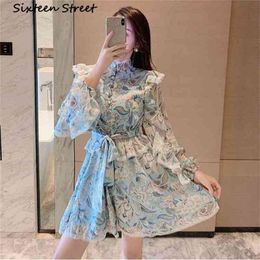 Floral Printed Ruffles Woman Dress lantern sleeve single-breasted silk elegant party bodycon runway dress female autumn 210603