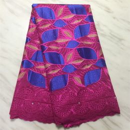5Yards/Lot Wonderful Fuchsia African Cotton Fabric Blue Embroidery Swiss Voile Lace Match Stones Decoration For Dressing PL12925