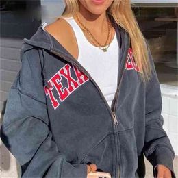 High Street Casual Print Hoodie Red Letter Loose Zipper Long Sleeve Autumn Warm Sports Jacket Ladies Winter 210809