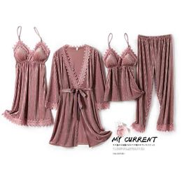 MECHCITIZ Velvet 4 Pieces Pyjamas Sets for Women Sexy Lace Robe Pijamas Autumn Winter Sleepwear Pants Nightwear Warm Home Suit 210330
