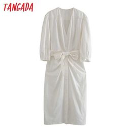 Tangada Fashion Women White Cotton Shirt Dress With Slash Vintage Long Sleeve Holiday Ladies Midi Dress 3H202 210609