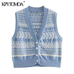 Women Fashion Geometric Pattern Knitted Vest Sweater V Neck Sleeveless Female Waistcoat Chic Tops 210420