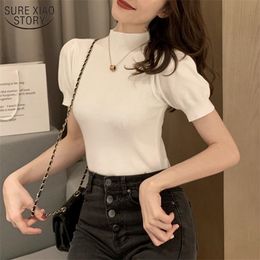 Summer Knitted Shirts Women Solid Half Turtleneck O Neck Short Puff Sleeve Female Loose Casual Cotton Ladies Top 10375 210508