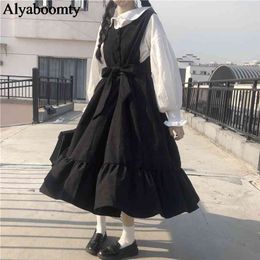 Japanese Harajuku Lolita Style Women Long Sundress Black Grey Blue Oversized Sleeveless Dress Cute Kawaii Ruffles Sashes Dresses 210329